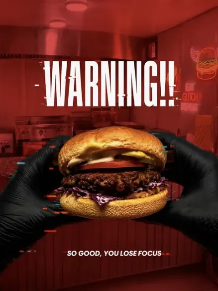 Instagram post: gloved hands holding a burger, captioned Warning, so good you lose focus